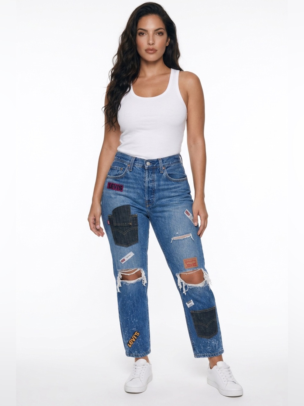 Upcycled Levi's Blue Patchwork Straight Leg Jeans with Distressed Knees size 27